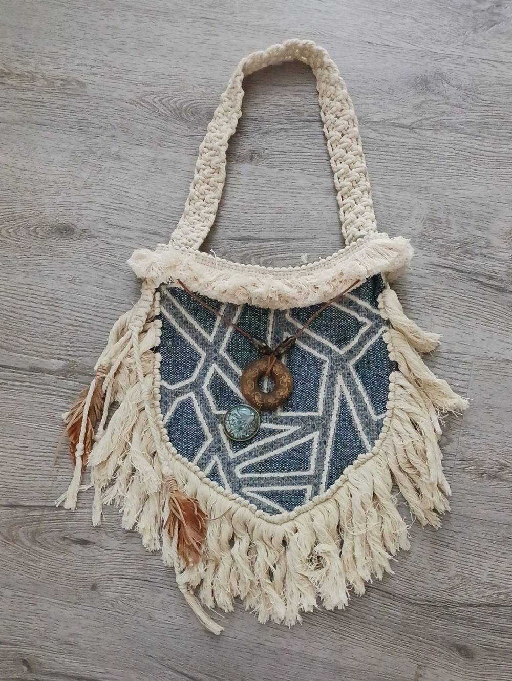 NEW Boho Fringe Denim Patterned Shoulder Bag in Cream and Blue